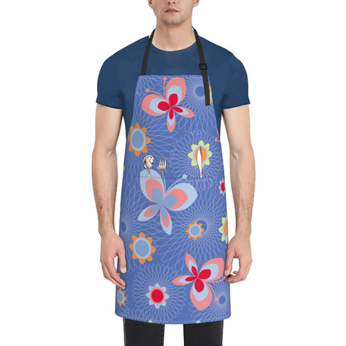 Unisex Bib Apron Beauty Flowers Butterfly Blue Waterproof Kitchen Cooking Aprons With 2 Pockets