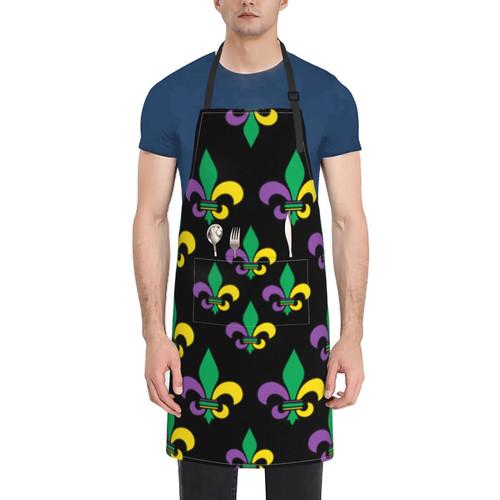 Unisex Bib Apron Mardi Gras Carnival Fleur De Lis Waterproof Kitchen Cooking Aprons With 2 Pockets