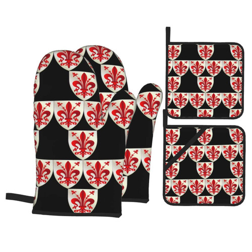 Italian Florence Fleur-De-Lis Heat Resistant Oven Mitts and Pot Holders Sets