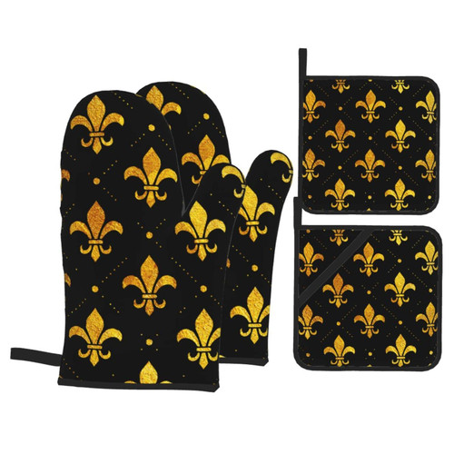 Fleur-De-Lis Retro Gold Heat Resistant Oven Mitts and Pot Holders Sets