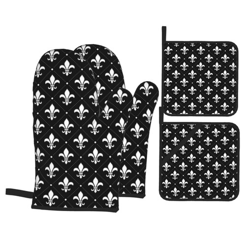 Black Fleur De Lis Heat Resistant Oven Mitts and Pot Holders Sets