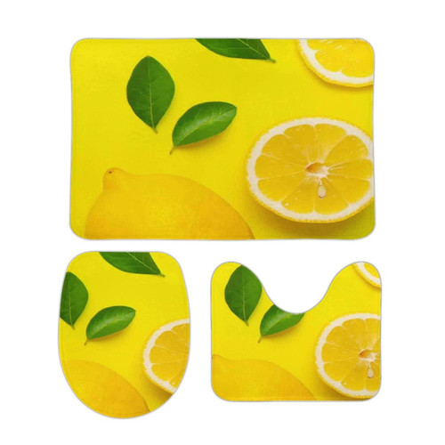 Habilboi Non Slip Bathroom Rugs Set 3 Piece Bath Mats Lemons On Yellow Bath Rug and U-Shape Contoured Toilet Mat & Toilet Lid Cover Mat 16x24inch