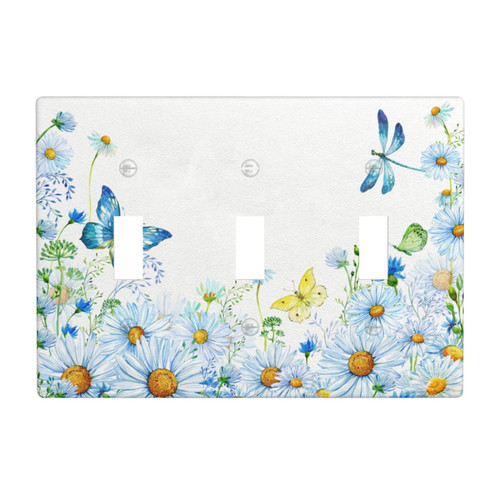Blue Floral Butterfly 3 Gang Toggle Light Switch Cover Decorative Triple Wall Plate Switch Plates Kitchen Bedroom Bathroom Decor