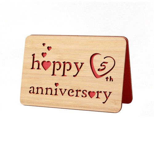 Della Stella Wooden Happy 5th Anniversary Card,Handmade Bamboo 5 Year Wedding Anniversary Greeting Cards for Her,Him,Husband,Wife,Boyfriend,Girlfriend
