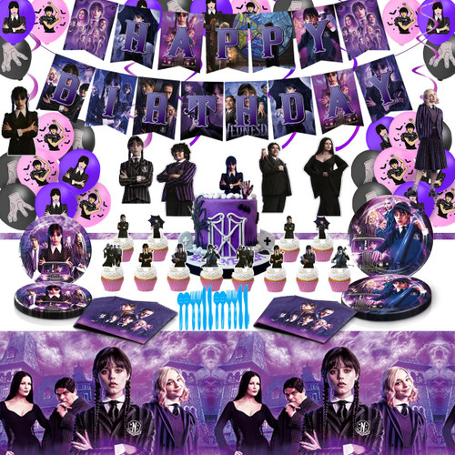 Wednesday Addams Birthday Party Supplies, Wednesday Addams Party Decorations Include Banner, Balloons, Hanging Swirls, Cake Cupcake Toppers Tablecover for Girls Boys Wednesday New Addams Theme Party