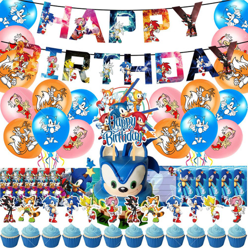 Sonic Birthday Party Supplies Include Banner, Cake Topper, Cupcake Topper, Balloons, Invitation card for Sonic The Hedgehog Birthday Party Decorations
