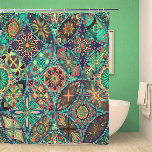 rouihot 66x72 Inches Shower Curtain Set with Hooks Pattern with Decorative Mandalas Vintage Mandala Elements Colorful Patchwork Home Decor Waterproof Polyester Fabric Bathroom Curtains