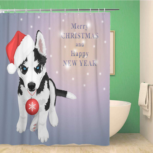 rouihot 60x72 Inches Shower Curtain Set with Hooks Puppy Portrait in a Red Santa's Hat with Christmas Ball Black and White Siberian Home Decor Waterproof Polyester Fabric Bathroom Curtains