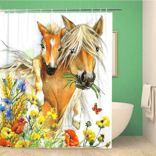 rouihot 60x72 Inches Shower Curtain Set with Hooks Animal Horse and Foal Meadow Flowers Watercolor Baby Child Home Decor Waterproof Polyester Fabric Bathroom Curtains