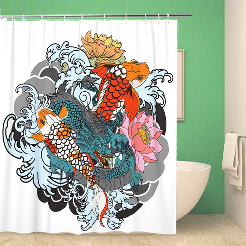 Awowee Bathroom Shower Curtain Dragon and Koi Fish Flower Tattoo for Arm Japanese 72x72 inches Waterproof Bath Curtain Set with Hooks
