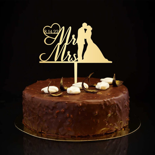 Bride And Groom Cake Toppers Mr & Mrs Wedding Anniversary Cake Toppers Silhouette Elegant Personalized For Engagement Bride to Be Party Supplies Wedding Gifts For Couple Gold