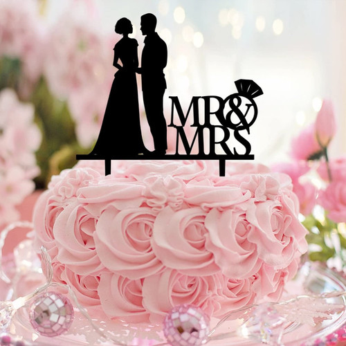 Ring Heart Funny Mr And Mrs Wedding Cake Topper Silhouette Acrylic Black Mr & Mrs Silhouette Cake Topper Personalized For Engagement Bride to Be Cake Decorations Engagement Gifts For Couple