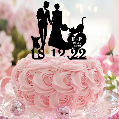Customize With Dog Cat Mr & Mrs Cake Toppers Acrylic Black Silhouette Mr & Mrs Silhouette Romance Cake Toppers For Wedding Bridal Shower Party Decor Engagement Gifts For Couple