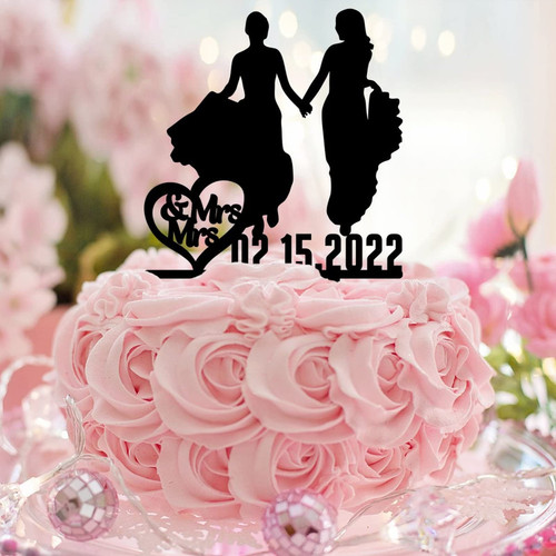 Mrs And Mrs Wedding Cake Topper Acrylic Black With Dog Cat Silhouette Funny Bride And Bride Cake Toppers LGBTQ Wedding Anniversary Party Decorations Custom Name Date Women Wedding Gifts
