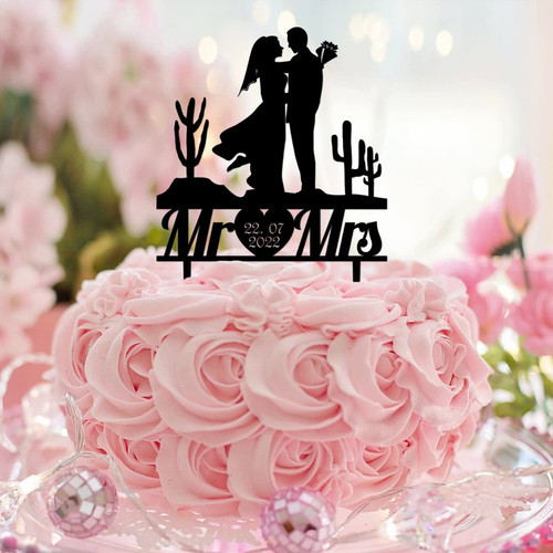 Beach Mr & Mrs Wedding Cake Toppers Silhouette Acrylic Black Mr & Mrs Silhouette Cake Toppers Personalized For Engagement Bride to Be Wedding Decorations Engagement Gifts For Couple