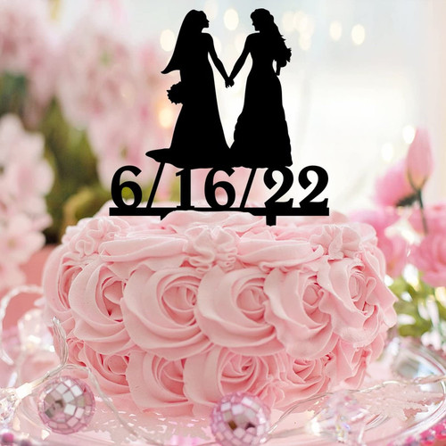 Mrs & Mrs Cake Topper Acrylic Black Silhouette Country 2 Brides Cake Toppers 2 Women Wedding Decorations Personalized Name Wedding Date Lesbian Couple Gifts