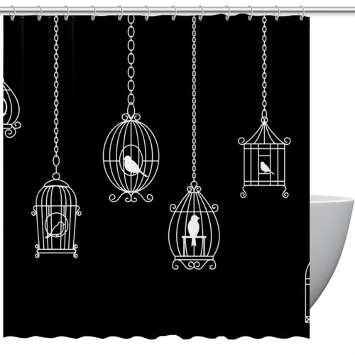 Shower Curtain, Birdcage Black Pattern Bathroom Curtain, Bathroom Shower Curtain with Hooks, Kids Bathroom Decor 72 Inch