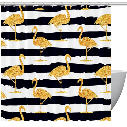 Shower Curtain, Gold Flamingo with Black Stripe Pattern Bathroom Curtain, Bathroom Shower Curtain with Hooks, Kids Bathroom Decor 72 Inch
