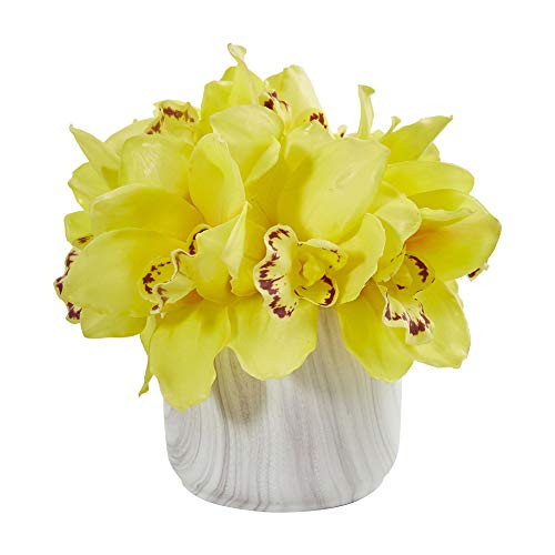 Nearly Natural 1877-YL Cymbidium Orchid Artificial Marble Vase Silk Arrangements, Yellow