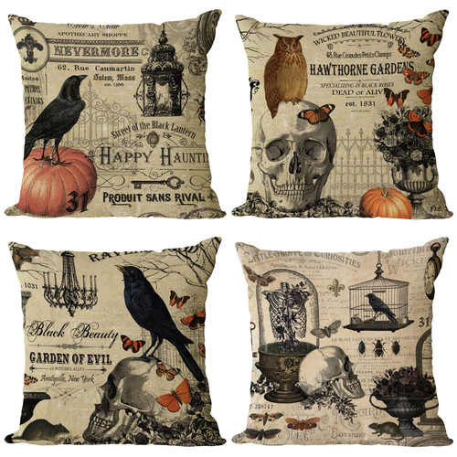 YeeJu Set of 4 Halloween Decorative Throw Pillow Covers Square Cotton Linen Cushion Covers Outdoor Couch Sofa Home Pillow Cases 12x12 Inch