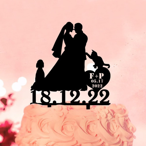 Mr & Mrs Silhouette Cake Topper With Dog CatKissing Wedding Mr & Mrs Cake Topper Silhouette Country Custom Wedding Date For Engagement Bride to Be Cake Decorations Engagement Gifts For Couple