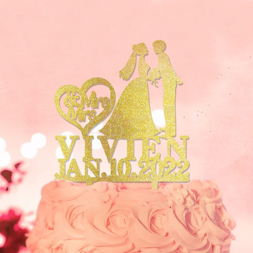Mrs And Mrs Wedding Cake Toppers Custom Family Name Date Silhouette Bride And Bride Cake Toppers LGBTQ Wedding Decorations Women Marriage Gifts Glitter Gold