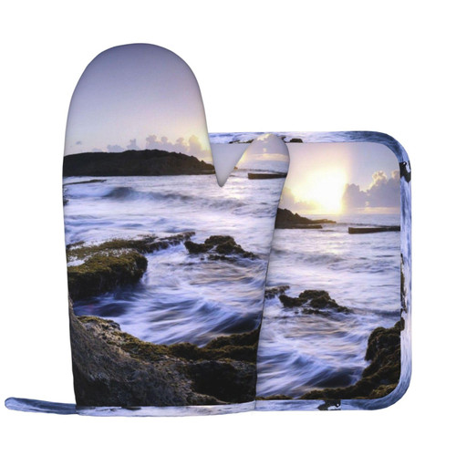 Puerto Rico - Beach Oven Mitts and Pot Holders Sets of 2, Heat Resistant Silicone Non-Slip BBQ Gloves Pot Holder for Kitchen,Cooking,Baking,Grilling