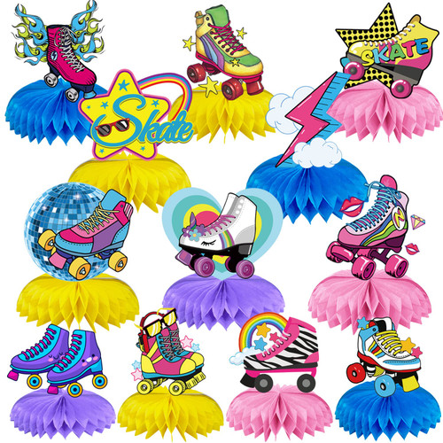 12 Pcs 80s Roller Skating Party Favors Skate Party Decorations for Girl Roller Skates Honeycomb Centerpieces Decor Roller Skate Cake Topper For Roller Birthday Party Supplies Roller Skate Party Decors