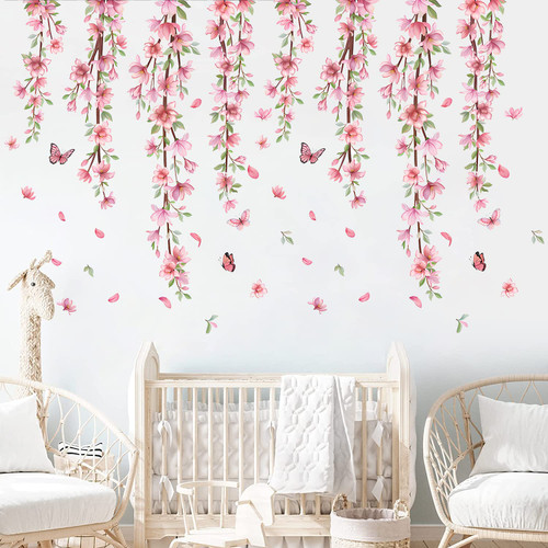 Hanging Vines with Cherry Blossom Wall Stickers Pink Flower Butterfly Peel and Stick Wall Art Decals for for Girl Bedroom Living Room Kitchen Office Decoration Hanging Vines with Cherry Blossom Wall Stickers Pink Flower Butterfly Peel and Stick Wall Art Decals for for Girl Bedroom Living Room Kitchen Office Decoration