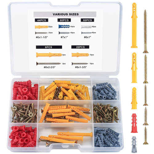 230 Pcs Wall Anchors and Screws for Drywall, 5 Sizes Drywall Anchors and Screws Assortment Kit, Galvanized Flat Head Screws, Plastic Wall Self Drilling Drywall Anchors for Wall Hanging