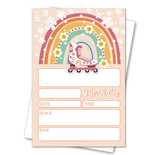 VNWEK Roller Skate Birthday Party Invitations With Envelopes?Let's Roll Rainbow Double-sided Printed Birthday Party Invitation Invite Cards for Girls Kids?Retro 70s Hippie Birthday Invites(20 Sets)