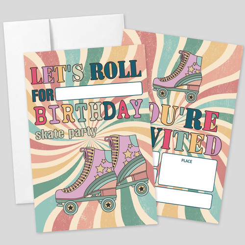 20 Sets Roller Skate Birthday Party Invitations With Envelopes,Retro 60s 70s Groovy Skating Double-sided Printed Birthday Party Invitation Invite Cards for Teens,Let's Roll Birthday Party Invites