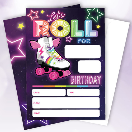 20 Sets Roller Skating Neon Birthday Party Invitations With Envelopes,Let's Roll Double-sided Printed Birthday Party Invite Cards Invitations for Teen Boys Girls Kids,Skate Birthday Party Decorations