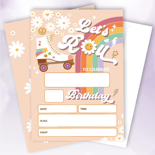 20 Sets Let's Roll Skate Birthday Party Invitations With Envelopes,Retro Boho Rainbow Face Preppy Double-sided Printed Birthday Party Invite Cards Invitations for Teen Girls Kids,Skate Invites