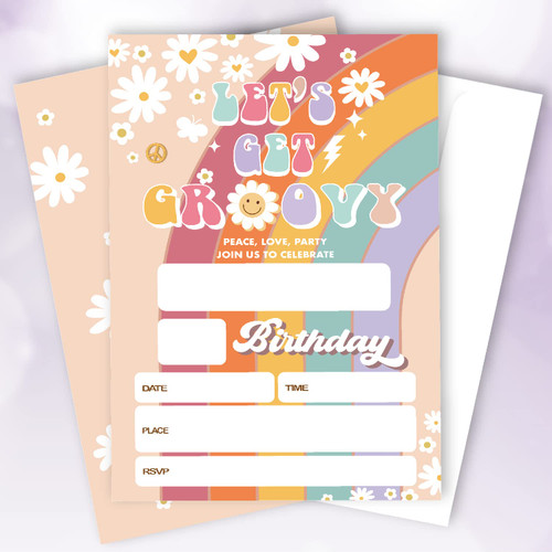 grapehiker 20 Sets Let's Get Groovy Birthday Party Invitations With Envelopes,Retro 70s Face Hippie Double-sided Printed Birthday Party Invite Cards Invitations for Teen Girls Kids,Skate Invites