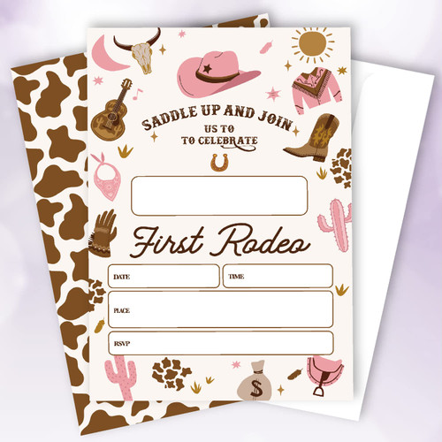 20 Sets Cowgirl 1st Rodeo Birthday Party Invitations With Envelopes,Hot Pink Cowgirl Boot Hat Cow Skull Double-sided Printed Birthday Party Invite Cards Invitations for Teen Girls,My 1st Rodeo Invites