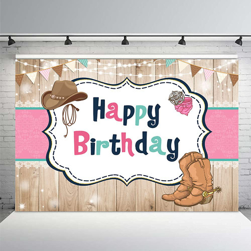 MEHOFOND 7x5ft Western Cowgirl Birthday Backdrop Rustic Wood Horseshoe Boot for Girl Party Banner Pink Wild West Cowgirl Photography Background Cake Dessert Table Decoration Photo Booth Props