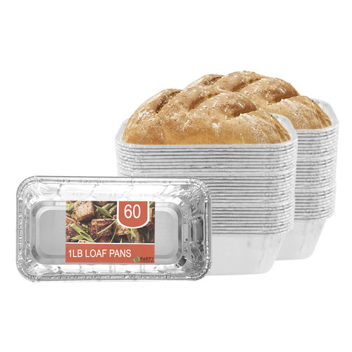 PARTY BARGAINS 1 Lb Aluminum Loaf Pan - [60 Pack] Heavy Duty Disposable Bread Pans - Perfect for Baking Homemade Cakes, Lasagna, Meatloaf & Food Serving