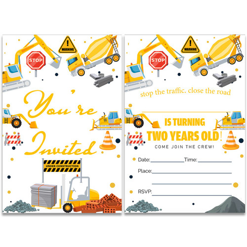 Construction Two Year Old Birthday Invitations Fill-In Set of 20 with Envelopes Dump Truck 2nd Boy Birthday Invites Cards Invitations, Double Sided