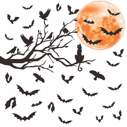 Halloween Moon Wall Sticker Black Bat Wall Stickers Vinyl Crow Bird Tree Branch Wall Decals Removable Halloween Moon Bat Wall Decals Halloween Window Stickers Party Decorations