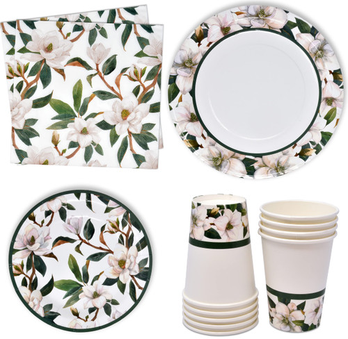 Magnolia Floral Disposable Tableware Party Supplies Set White Flowers with Green Leaves 24 9" Plates 7" Paper Plate 24 9 Oz Cups 24 Lunch Napkins for Baby Shower Tea Birthday Spring Dinnerware Decor