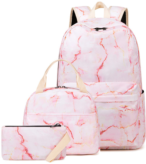 LEDAOU Backpack for Girls School Bag Kids Bookbag Teen Backpack Set Daypack with Lunch Bag and Pencil Case (Pink Marble)