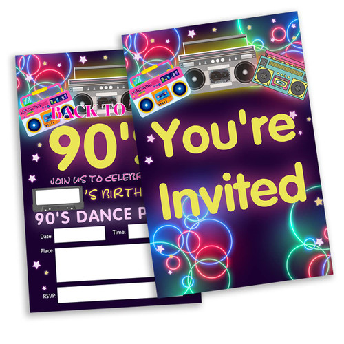 20 Pack 90s Birthday Party Invitations with Envelopes Retro Back to the 90's Fill in Invites Card 1990s Dance Invitations