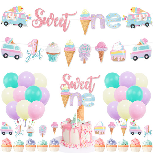 Ice Cream First Birthday Party Decorations, Sweet One Banner Cake Cupcake Toppers Macaron Balloons for Summer Ice Cream Popsicle Theme Baby 1st Birthday Girl Ice Cream One Year Old Bday Party Supplies