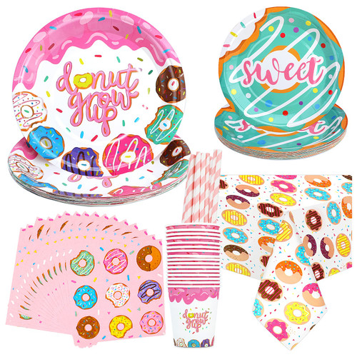 85pcs Donut Party Supplies Tableware Set Serves 16, Donut Grow Up Party Supplies Include Donut Plates, Napkins, Straws, Cups, Donut Tablecloth for Baby Shower Girl Birthday Donut Party Decorations