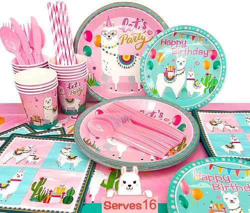 Llama Birthday Party Supplies,129pcs Llama Tableware Set - Llama Party Plates and Cups Napkins Tablecloth etc Alpaca Birthday Party Supplies for Girls Kids Llama Party Decorations (16 Guests)