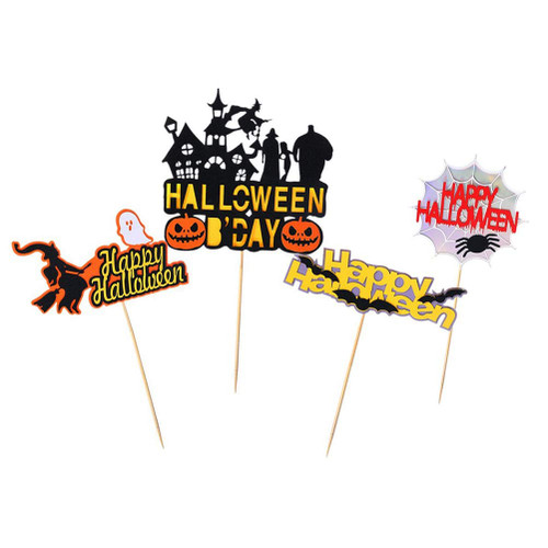 4Pcs Halloween Cake Toppers Creative Ghost Witch Bat Shape Cake Decoration (Pumpkin Castle Bat Black Spider Witch) Decor for Celebration Party