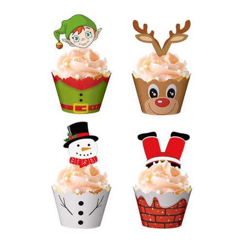 48PCS Christmas Cake Wrappers Decoration Cupcake Wrappers and Cake Picks Set (24 Wrappers+ 24 Toppers) Christmas Decorations