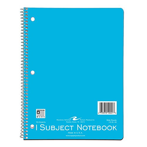 Roaring Spring Wirebound Notebook, One Subject, 10.5" x 8", 70 sheets, Wide Ruled, Assorted Color Covers