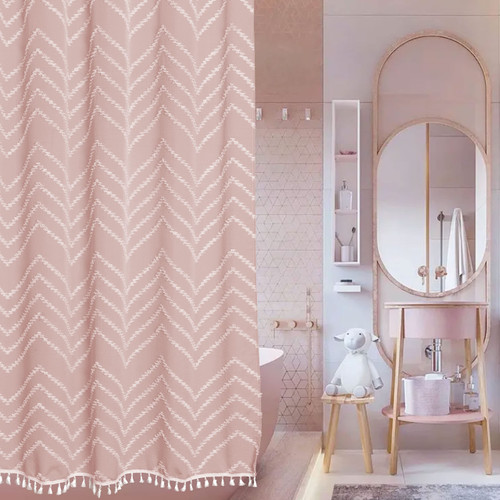 Siiluminisoy Extra Long Pink Boho Shower Curtain with White Tassel, Woven Fabric Cute Shower Curtain, Tufted Chevron Striped, 72 x 78, Modern Chic Textured Minimalist Bathroom Shower Curtain